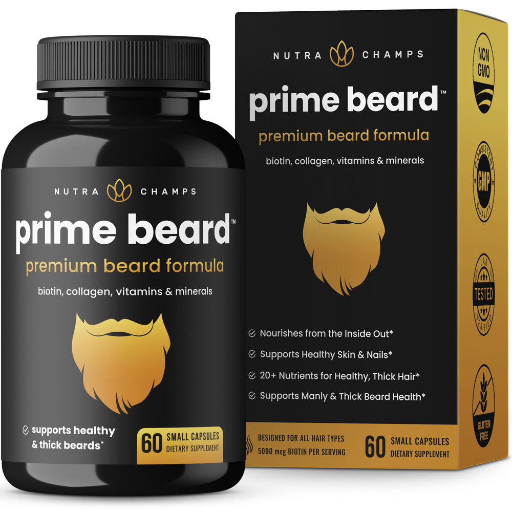 Nutrachamps Prime Beard Vitamins | Manly, Thick, Fast & Healthy Facial Hair for Men | Beard Vitamins with Biotin, Collagen & Saw Palmetto | Beard Pills for All Hair & Beard Types