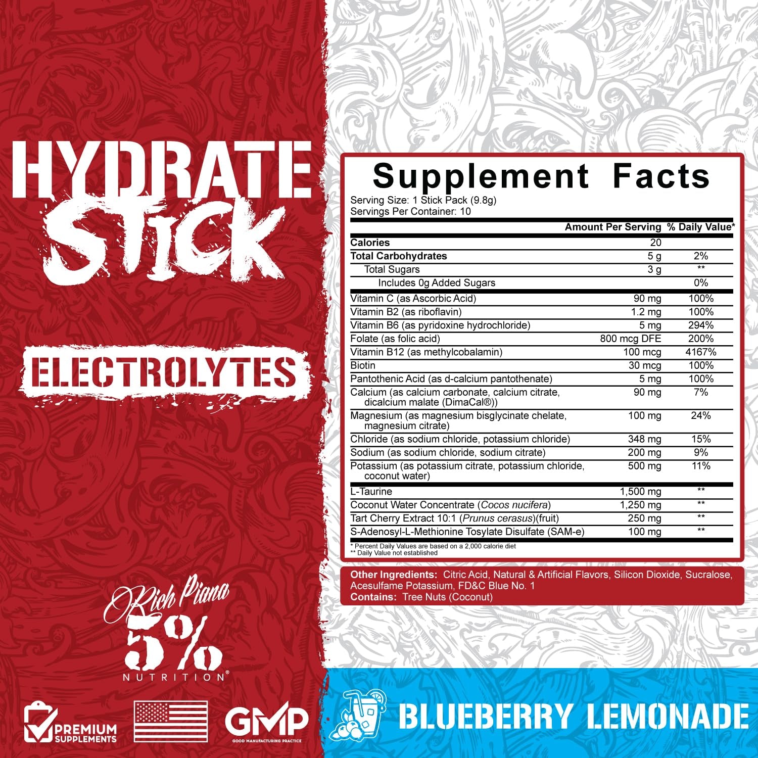 5% Nutrition Hydrate Stick Hydration Packets | Sport Electrolyte Powder Mix Packets with Coconut Water (Blueberry Lemonade) (10 Count)