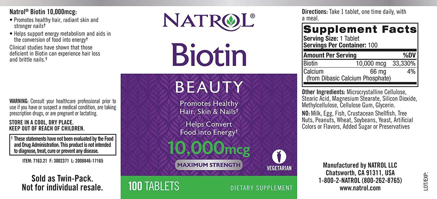 Natrol Maximum Strength Biotin Tablets, 10,000Mcg, 100 Ct, 2 Pack
