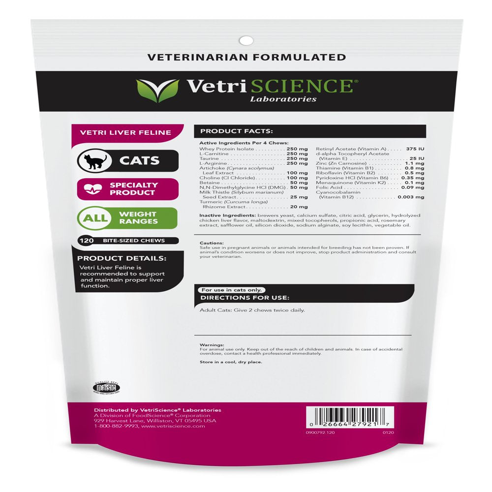 Vetriscience Vetri Liver Feline, Liver Support and Detoxification for Cats, Chicken Flavor, 120 Bite-Sized Chews