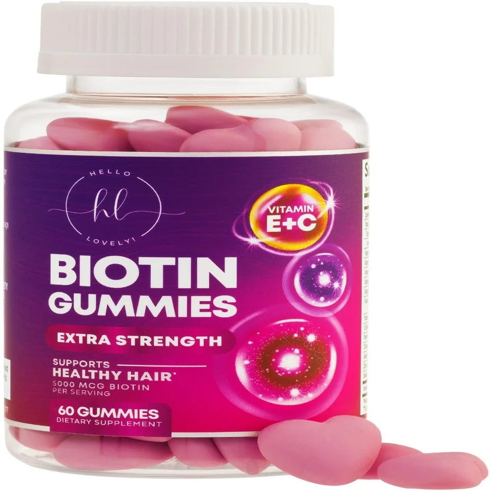 Hello Lovely! Hair Vitamins Gummy with Biotin 5000 Mcg Vitamin E & C, Hair Gummies for Skin & Nails, Keratin & Hair Growth Support, Biotin Vitamins Supplement, Non-Gmo - 60 Gummies