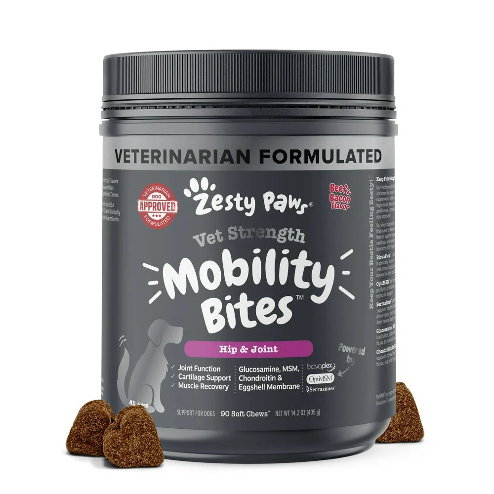 Vet Strength Hip & Joint Mobility Bites for Dogs, Supreme Hip & Joint Support, Beef & Bacon Flavor, 90 Count Soft Chews