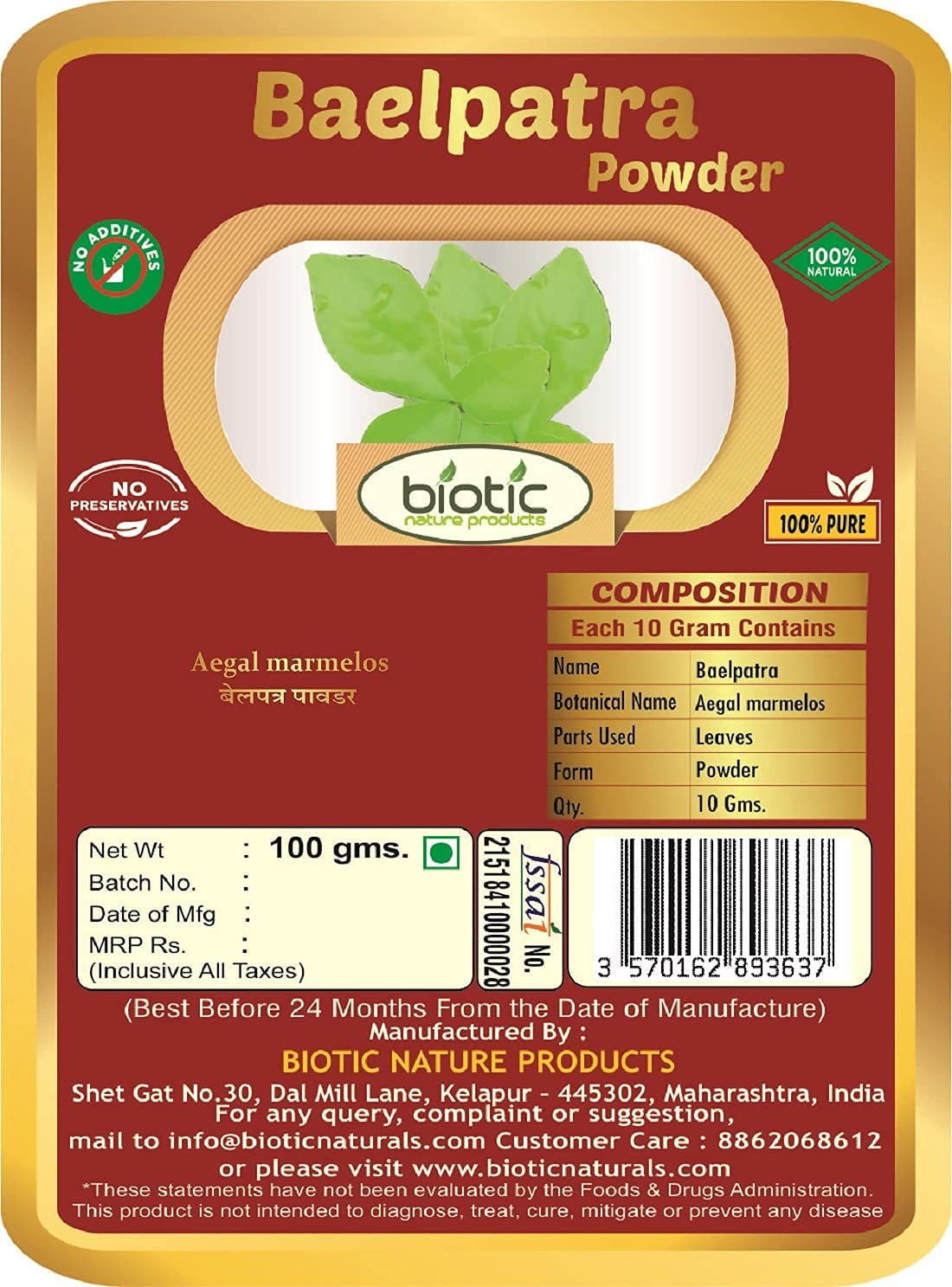 Biotic Belpatra Powder (Aegal Marmelos) Bel Patra, Bael Leaf, Bel Giri Powder for Diabetes - 100 Gm