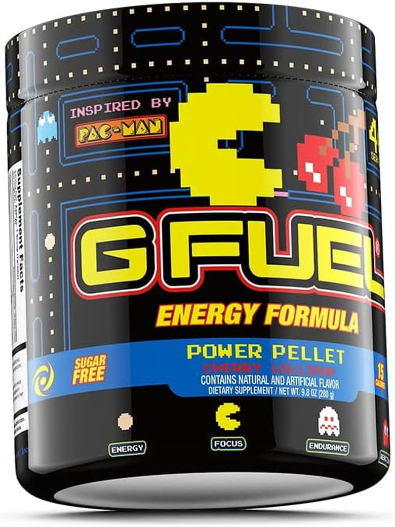 G Fuel Pac-Man Energy Powder, Sugar Free, Clean Caffeine Focus Supplement, Water Mix, Cherry Lollipop Flavor, Focus Amino, Vitamin + Antioxidants Blend, 9.8 Oz (40 Servings)