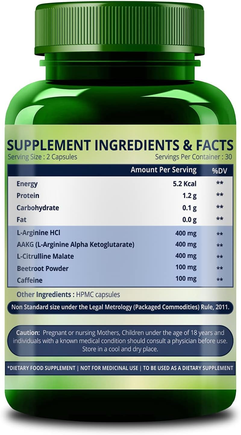 Abseits Nitric Oxide 1400Mg with L-Arginine HCI Caffeine Supplement | Good for Muscle Growth, Stamina, Recovery, Immune Booster & Energy- 60 Veg Capsules