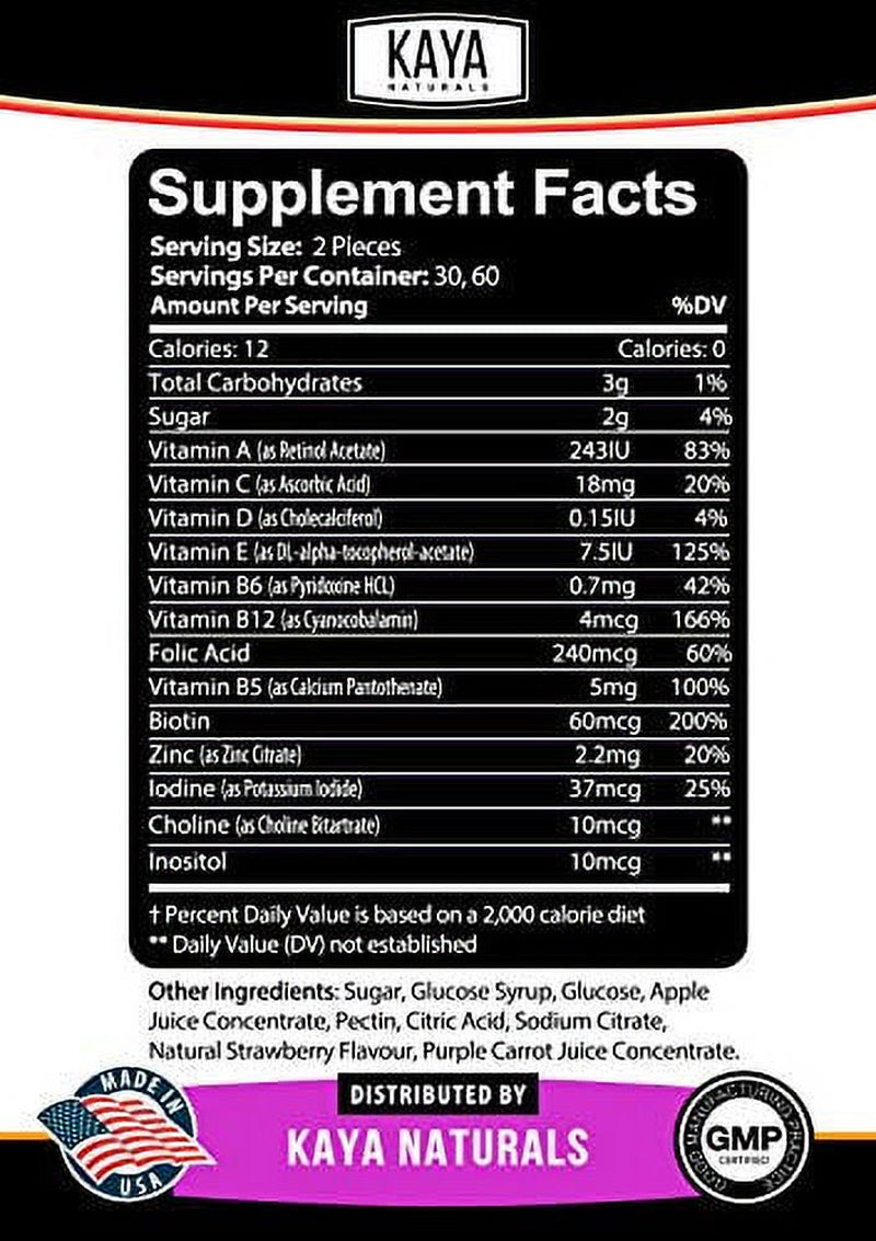Kaya Naturals Adult Multi Vitamin Gummy, 60 Count, Biotin, Vitamin A, C & E, Including Zinc &Vitamin B-12, Folic Acid, Strawberry Flavor (60 Gummies)