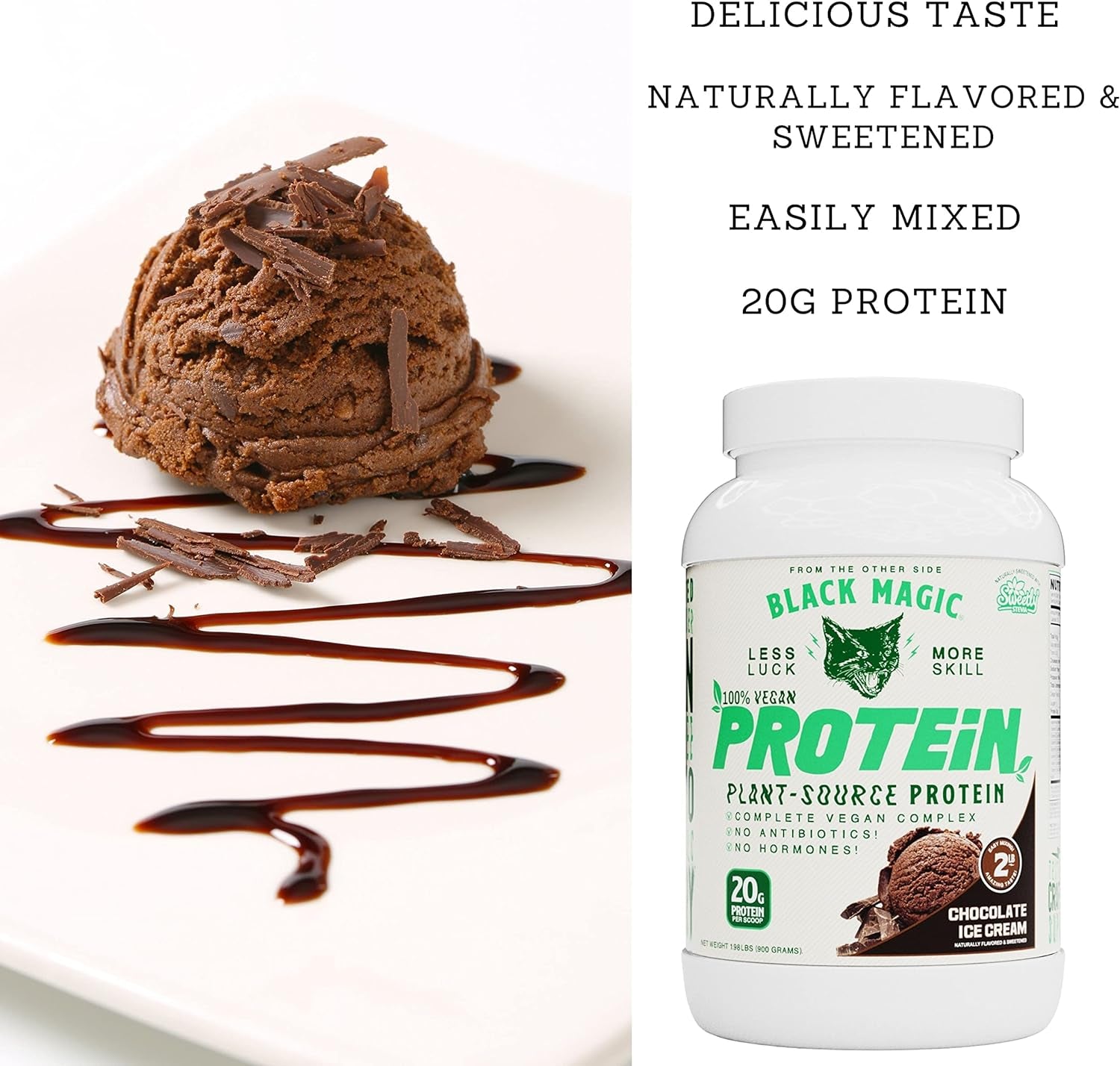 Worldwide Nutrition Bundle, 2 Items:Black Magic Multi-Source Protein Whey, Egg & Casein Complex with Enzymes & MCT Powder Pre Workout & Post Workout Vegan Choco Ice Cream 24G Protein 2LB & Key Chain