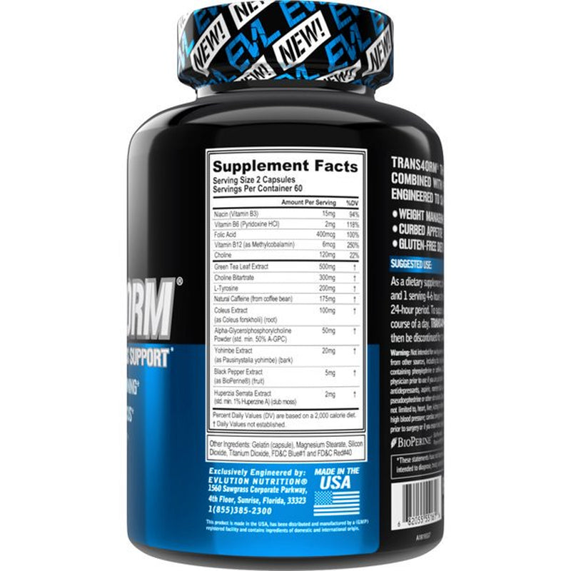 Trans4Orm Thermogenic Fat Burner Supplement - EVL Nutrition Weight Loss Pills Metabolism Booster - Appetite Suppressant for Weight Loss Diet Pills for Men & Women (60 Servings)