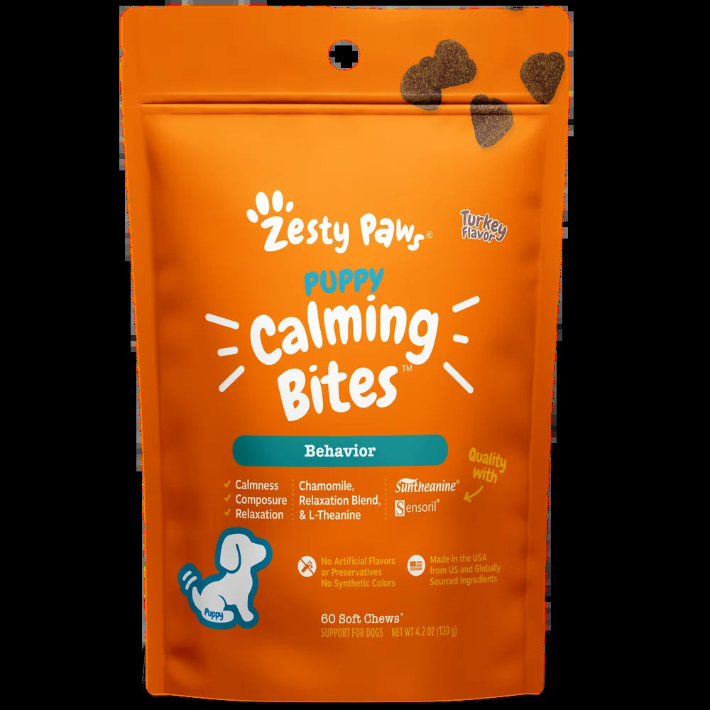 Zesty Paws Puppy Calming Bites, Stress & Anxiety Relief for Puppies, Turkey Flavor, 60 Count Soft Chews