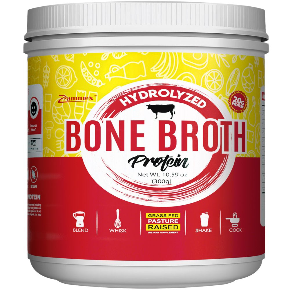 Zammex Bone Broth Protein Powder Grass Fed Beef 10.59Oz, Natural Flavor, Hydrolyzed Collagen Peptides Types I & III, 20G Protein Dietary Supplement,Non Gmo,Dairy Free,Keto Friendly