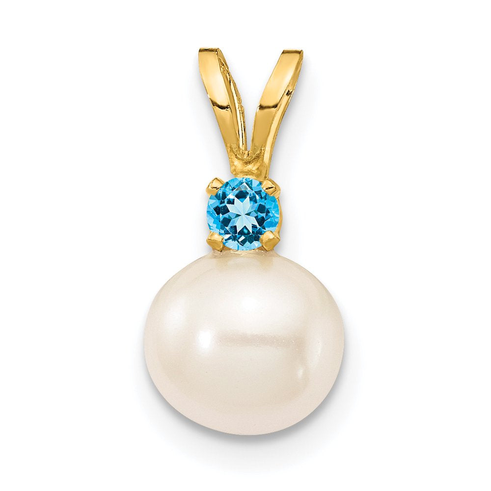 14K 6-7Mm White round FWC Pearl Swiss Blue Topaz Pendants XF741/BT