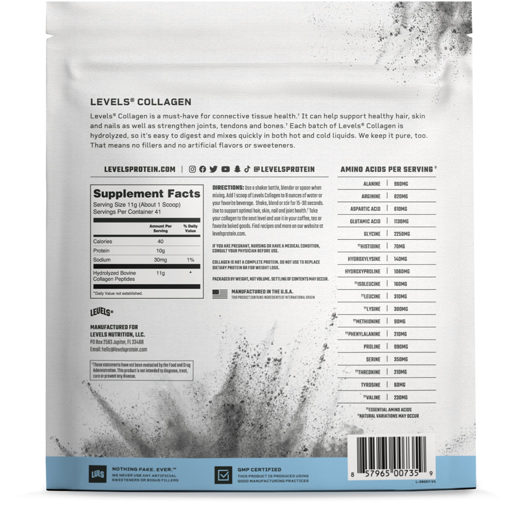 Levels Collagen Peptides Powder, No Artificial Ingredients, 11G of Collagen, Unflavored, 1LB