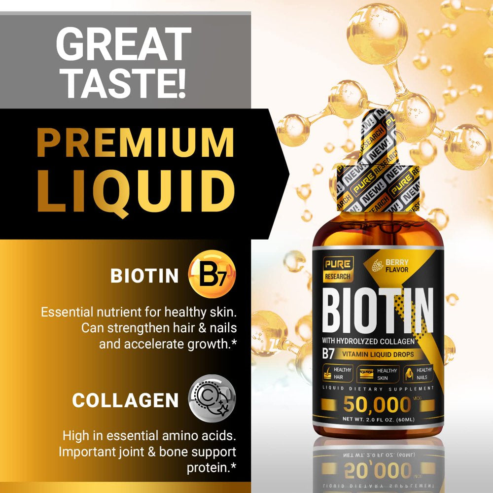 Liquid Biotin & Collagen Hair Growth Drops 50,000Mcg - Biotin and Liquid Collagen Supplements for Women & Men - Supports Glowing Skin, Healthy Hair & Nail Growth (2Fl Oz)