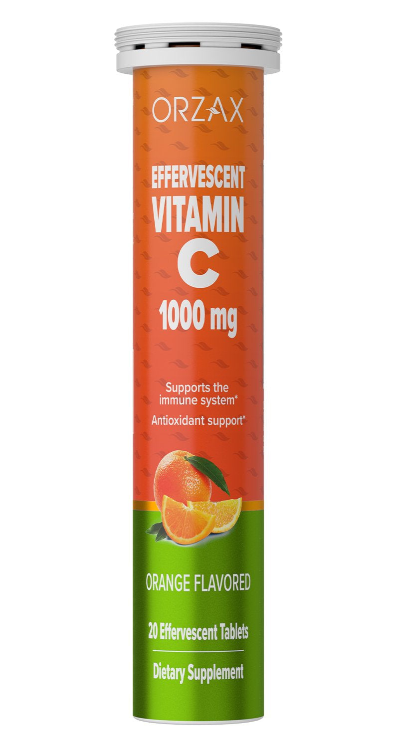 ORZAX Vitamin C 1000Mg, 20 Vegetable Effervescent Tablets, Orange Flavored