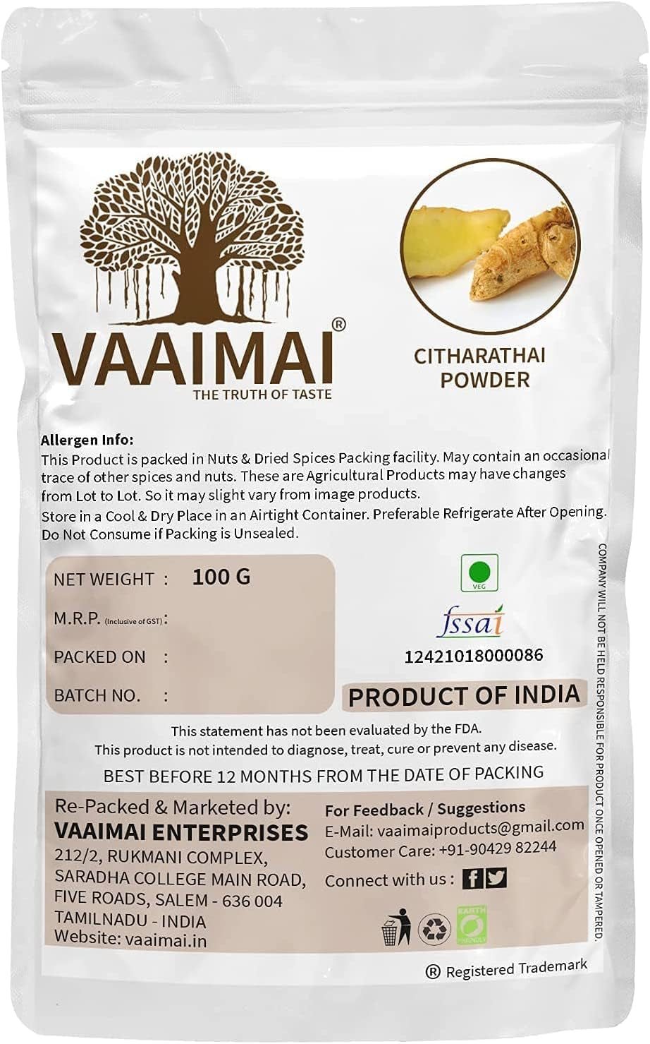 CROW Citharathai Powder/Kulanjan/Alpinia Officinarum, 100G