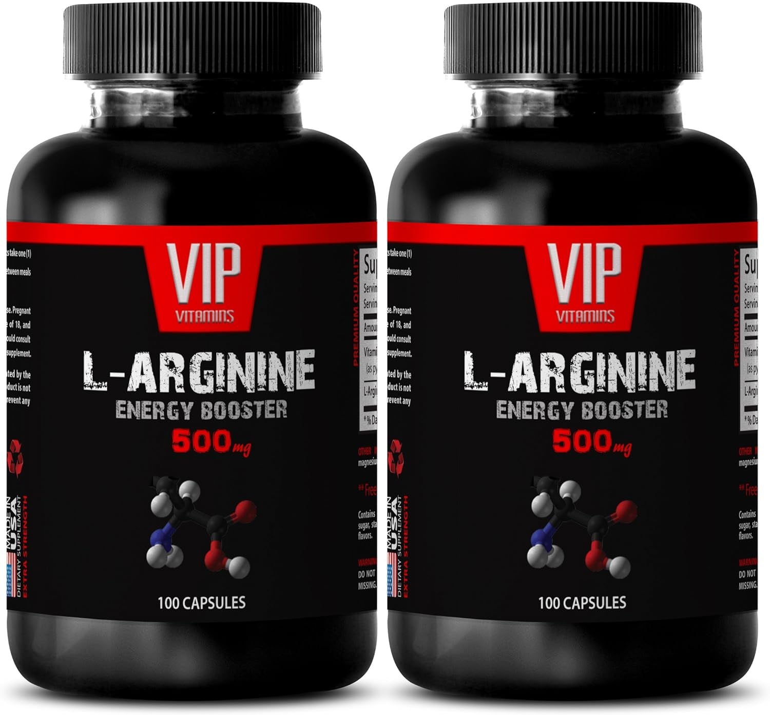 VIP VITAMINS L-Arginine Powder Supplement - L-ARGININE Energy Booster 500 MG - Amino Acids Pills Bodybuilding, 2 Bottles (200 Capsules)