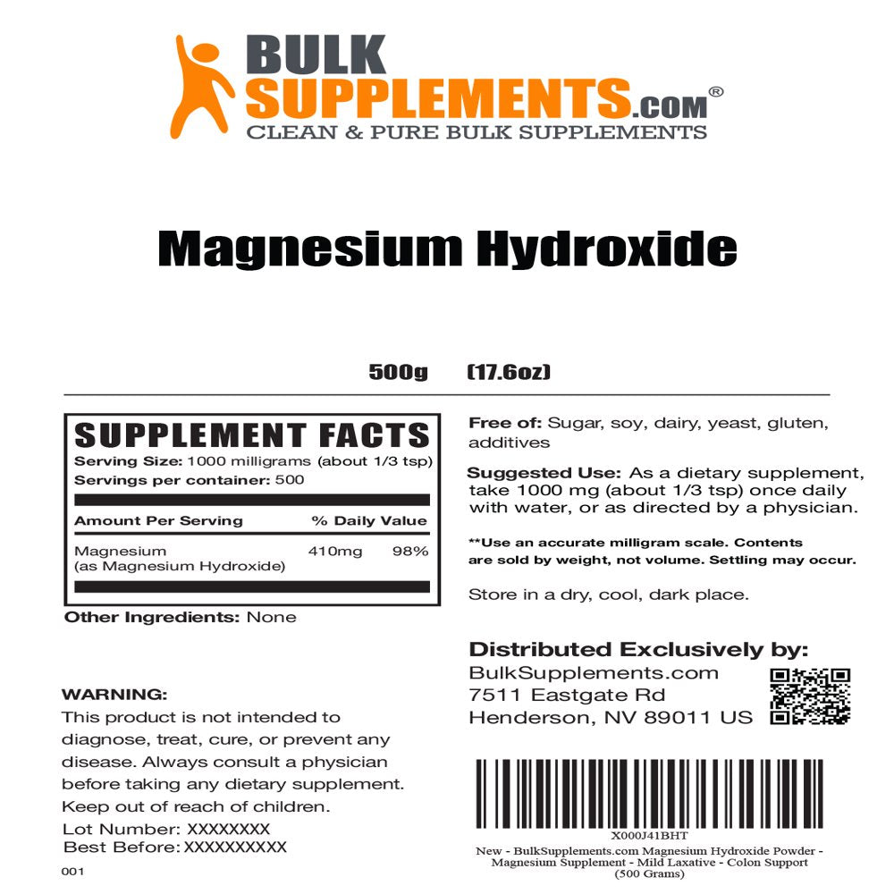 Bulksupplements.Com Magnesium Hydroxide Powder - Magnesium Supplement - Mild Laxative - Colon Support (500 Grams)