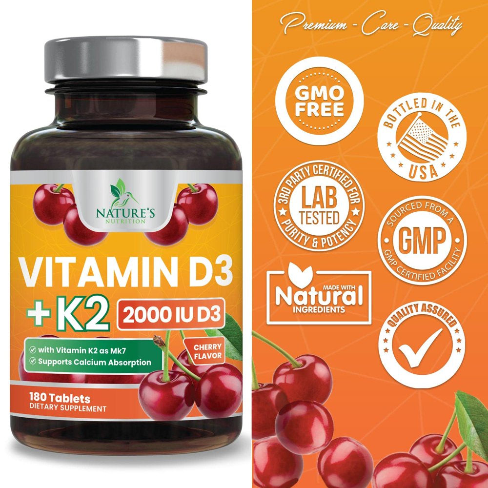 Vitamin D3 K2 as MK-7 with 2000Iu of D3 & 75Mcg K2, Vitamin K2 D3 Bone Strength Supplements Support Calcium Absorbtion for Teeth & Bone Health + Muscle & Immune Health Support - 180 Chewable Tablets