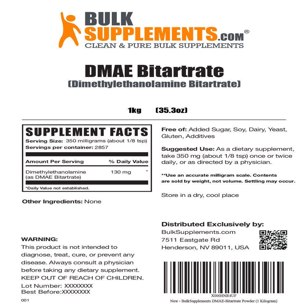 Bulksupplements.Com Dmae-Bitartrate Powder - Mental Focus Supplement - Nerve Support Supplement - Acetylcholine Supplements (1 Kilogram - 2.2 Lbs)