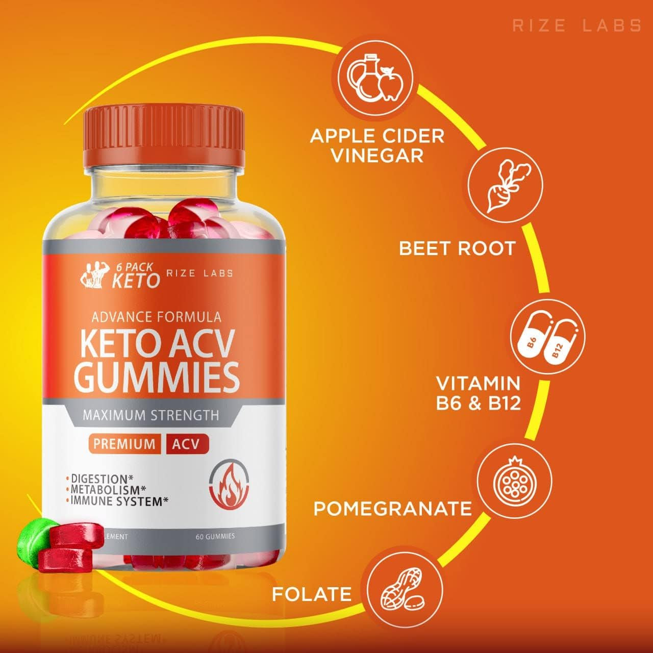 (5 Pack) 6 Pack Keto Advanced Formula ACV Gummies 6 Pack Keto Gummies 6 Pack Keto ACV Gummies (300 Gummies)