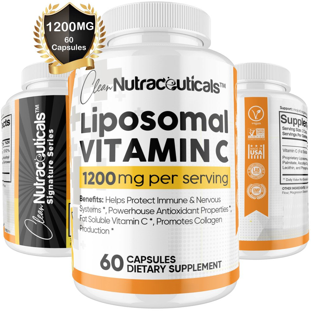 Liposomal Vitamin C Capsules 1200Mg High Absorption VIT C, Immune System & Collagen Booster, Fat Soluble Immunity Support Ascorbic Acid Supplement, 60 Natural Vegan Capsules