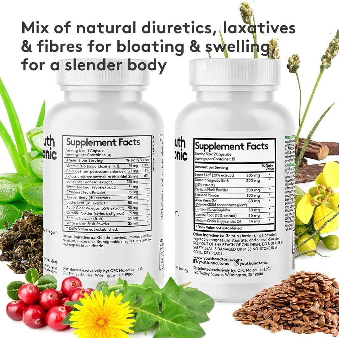 Youth & Tonic 15 Day Cleanse and Detox as Triple Action Diet Pills for Loss of Waste and Body Water Away and Energy Focus Metabolism for Women & Men