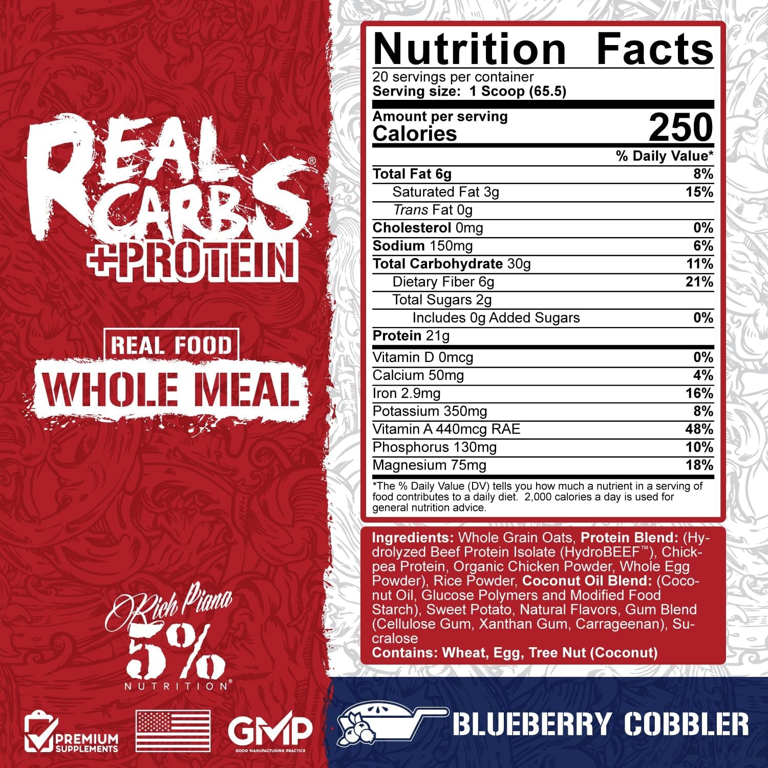 5% Nutrition Rich Piana Real Carbs + Protein | Clean Mass Gainer Protein Powder | Real Food Carbohydrate Fuel for Pre Workout/Post-Workout Recovery Meal | 2.89 Lb, 20 Srvgs (Blueberry Cobbler)