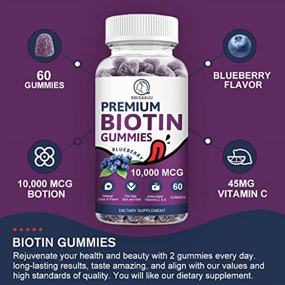 Biotin Gummies for Hair Growth, Biotin Hair, Skin & Nails Growth, 10000Mg Vitamins Gummy for Women Men and Kids Vegan, Pectin Based, Blueberry Flavor - 60 Count