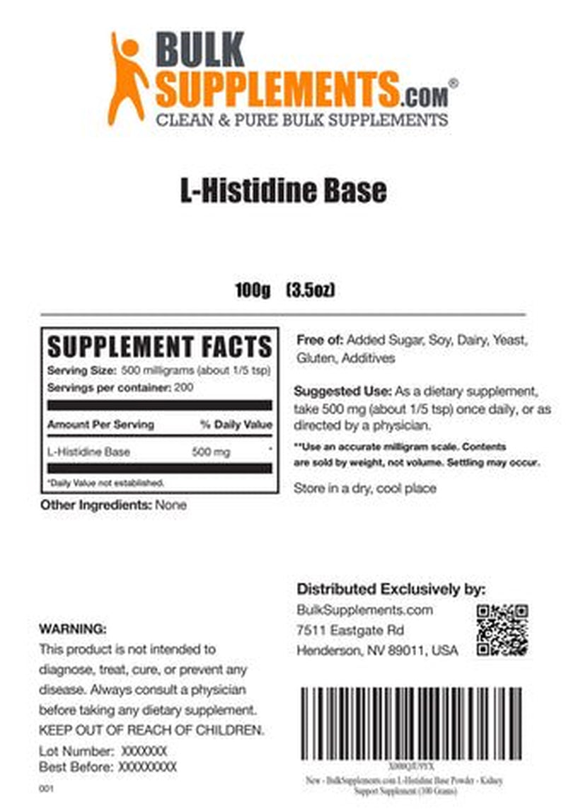 Bulksupplements.Com L-Histidine Base Powder 500Mg - Kidney Support Supplement (100 Grams)