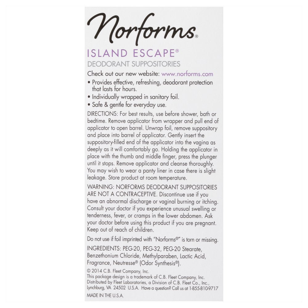 Norforms Feminine Deodorant Suppositories, Island Escape, 12 Ct