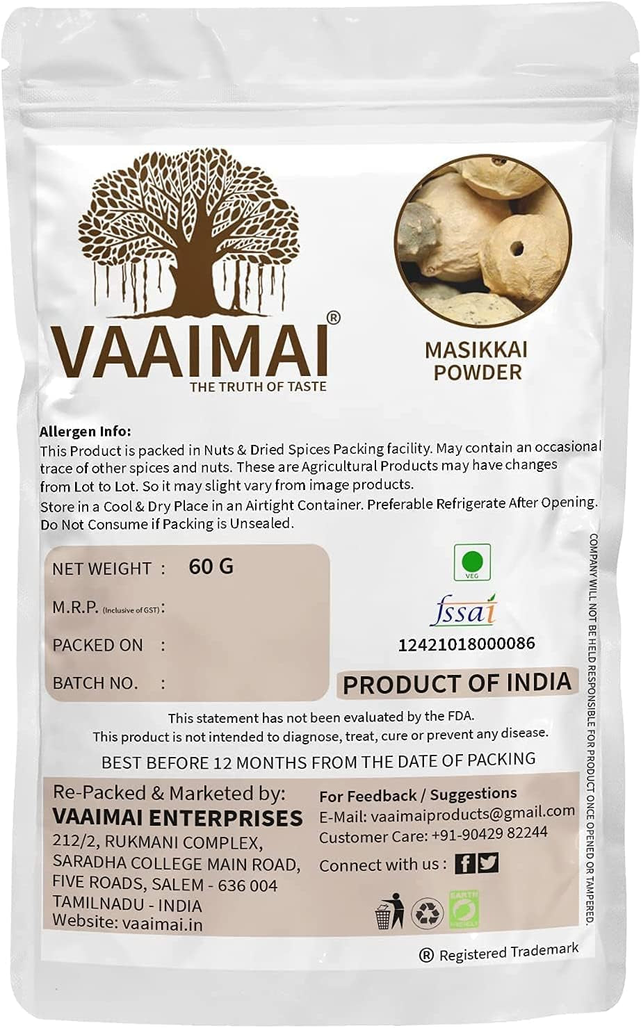 CROW VAAIMAI Masikkai Powder/Quercus Infectoria/Gall Nut/Majuphal, 60G