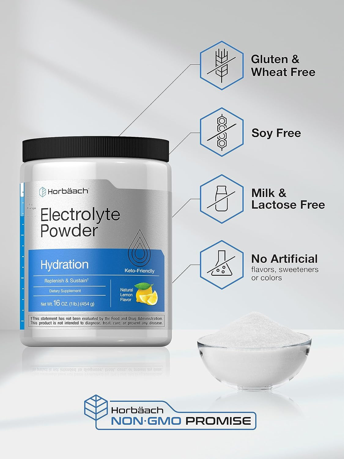 Electrolytes Powder | 16 Oz | 130 Servings | Hydration Supplement | Vegetarian | Keto-Friendly | Non-Gmo, Gluten Free Formula | Natural Lemon Flavor | by Horbaach