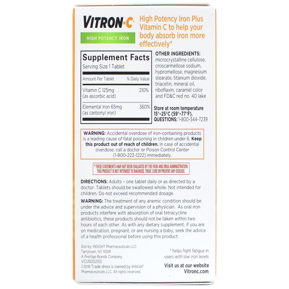 Vitron-C High Potency Iron Supplement with 125 Mg Vitamin C, Dye Free, Vegan, Gluten Free, 60 Count