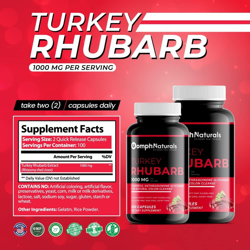 Turkey Rhubarb, 1000Mg Rhizoma Rehi Root Extract, 200 Capsules 100 Day Supply, Non-Gmo, Gluten Free, Colon Cleanse, Supplement for Disgestive Health