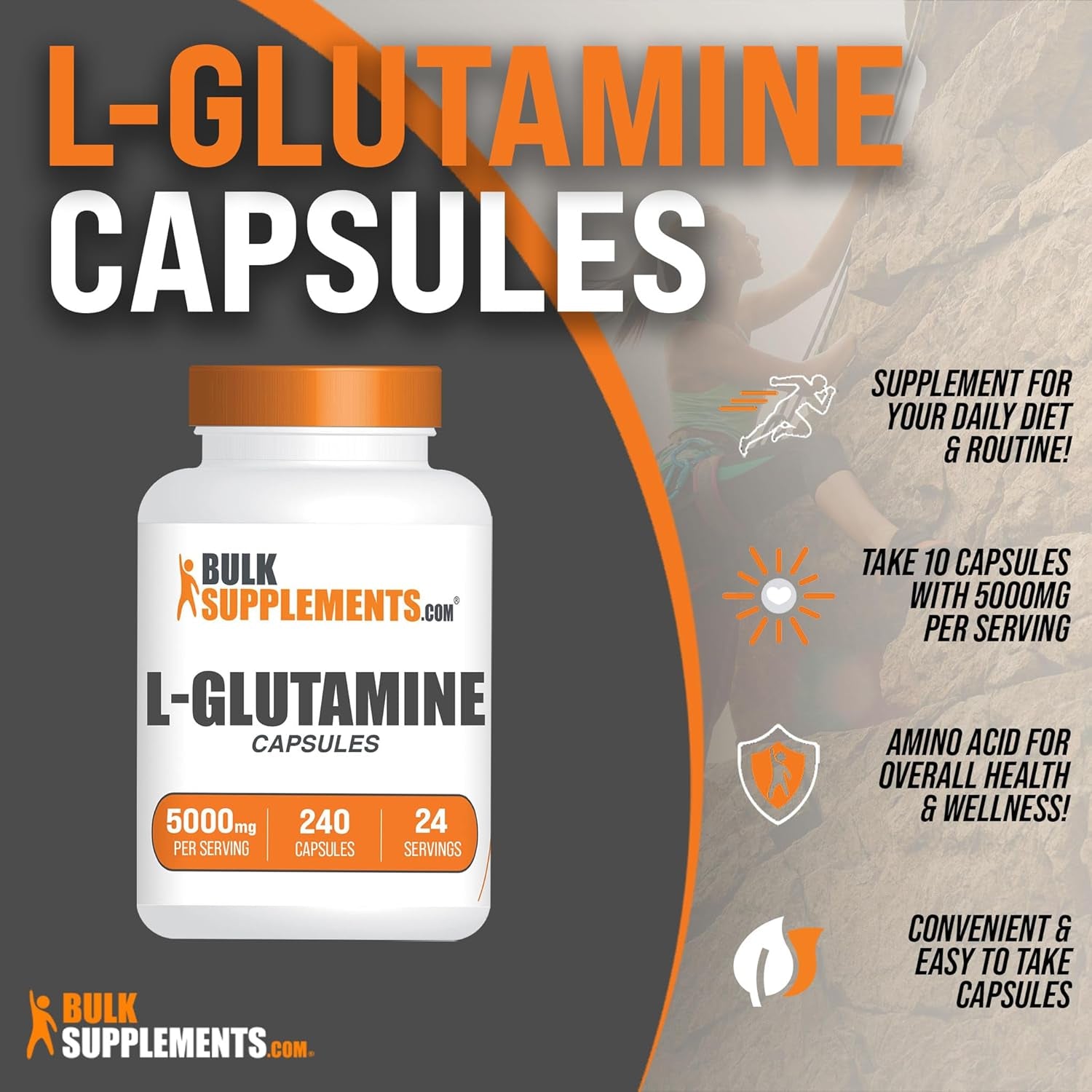 BULKSUPPLEMENTS.COM L-Glutamine Capsules - Glutamine Supplement, L Glutamine 5000Mg, L Glutamine Pills - Gut Health & Recovery, Gluten Free, 10 Capsules per Serving, 240 Capsules