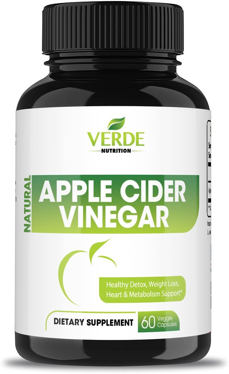 Verde Nutrition Apple Cider Vinegar Capsules 60 Potent 500Mg Colon Cleanser| Non-Gmo, Tasteless Appetite Suppressant | Natural Detox Cleanse for Weight Loss Pills, Digestive, Immune & Energy Boosting