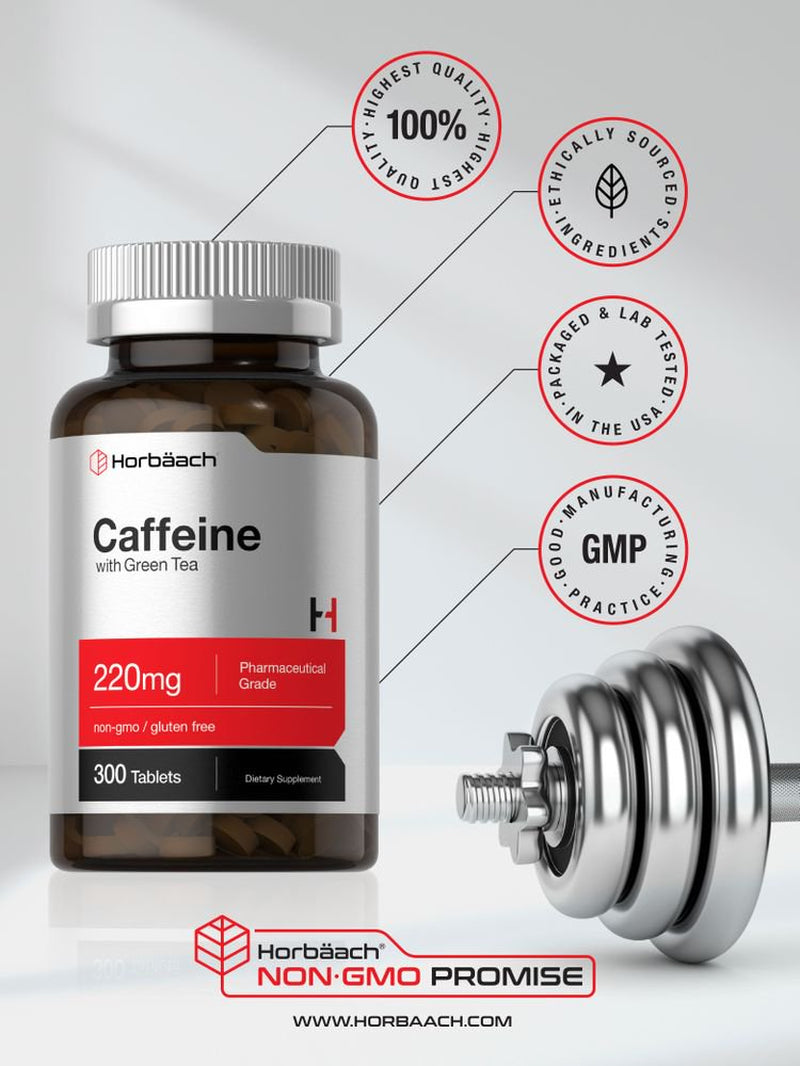 Caffeine Pills 220Mg with Green Tea | 300 Vegetarian Tablets | by Horbaach