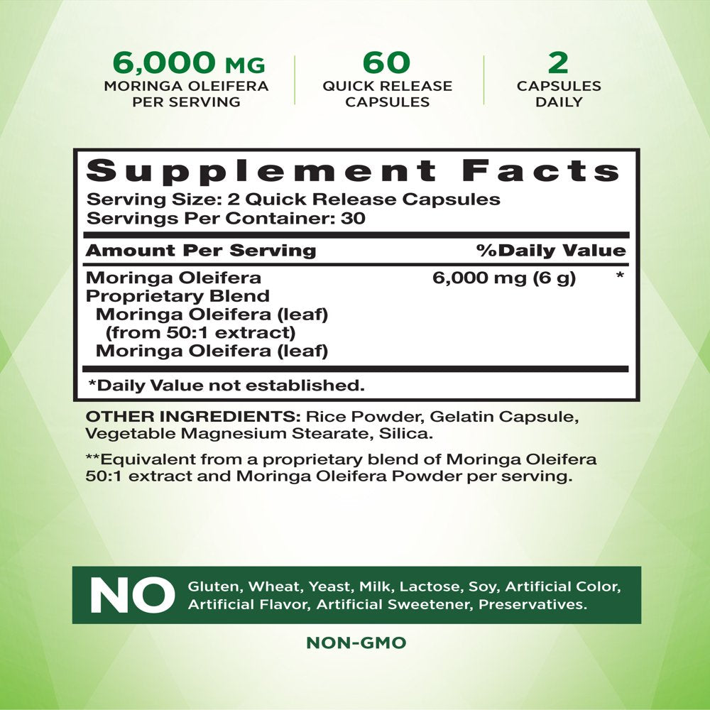 Nature'S Truth Moringa Capsules 1000Mg | 60 Count | Complete Green Superfood | from Moringa Oleifera Leaf Powder | Non-Gmo, Gluten Free