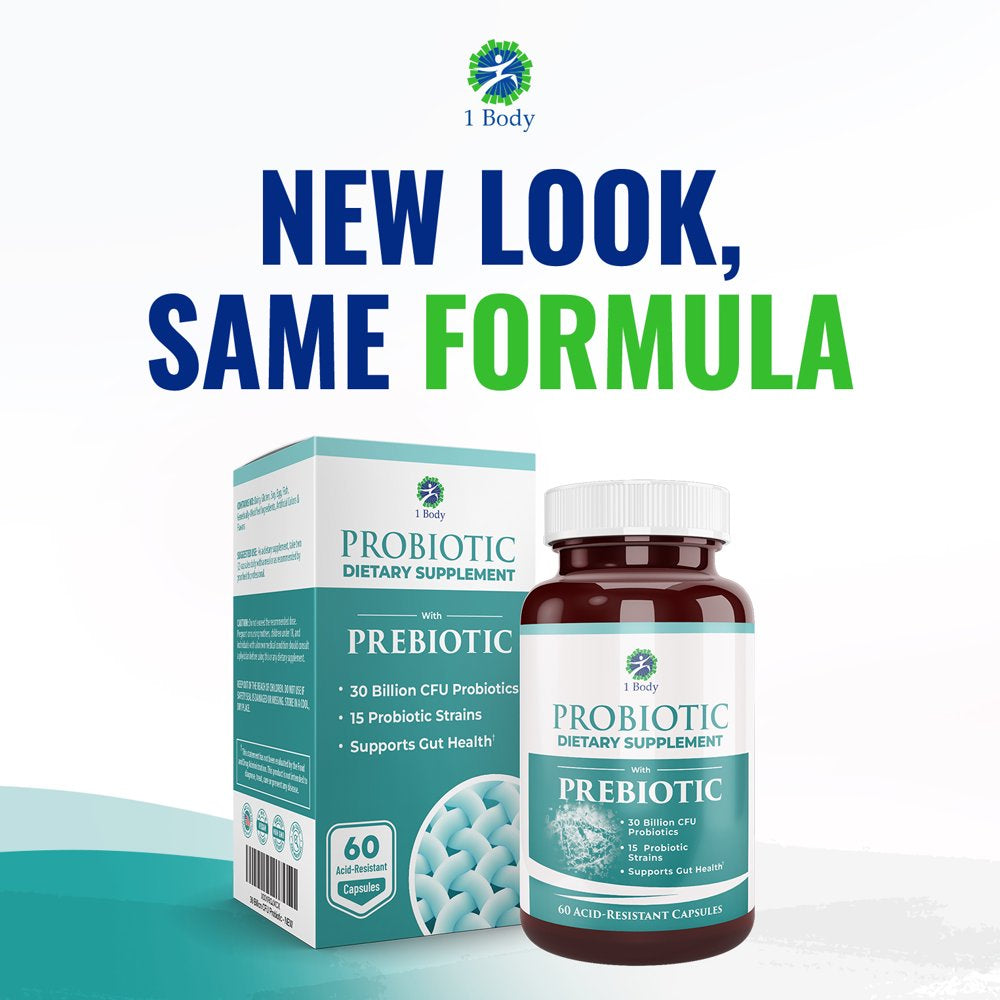 1 Body Probiotic 30 Billion CFU Supplement with Prebiotics with 60 Vegetarian Acid Resistant Capsules to Promote Gut Health & Support Immune System for Men and Women