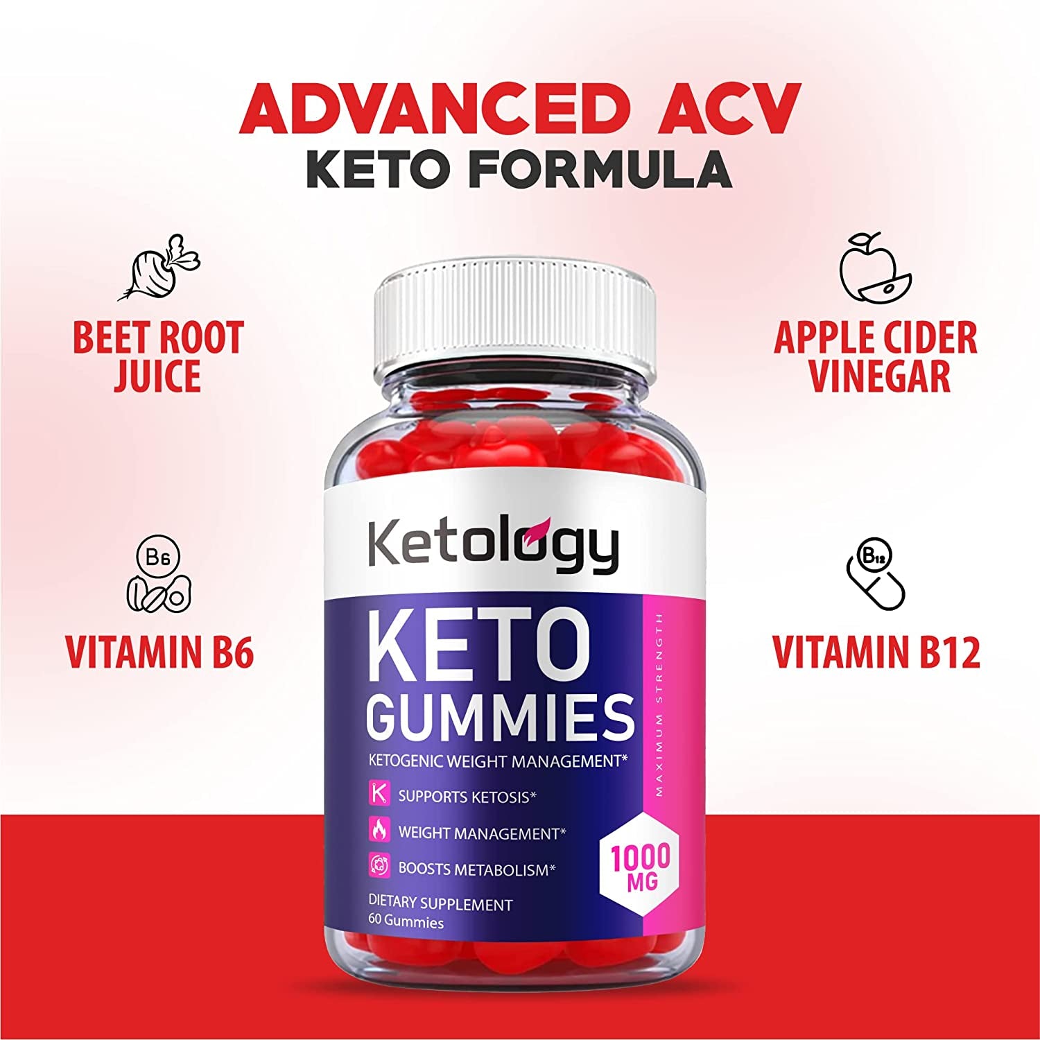 (5 Pack) Ketology Keto Gummies - Official Formula, Vegan, Non GMO - Ketology Keto ACV Gummies with 1000Mg Apple Cider Vinegar, Vitamin B12, Vitamin B6, Beet Root Juice, Pomegranate (300 Gummies)