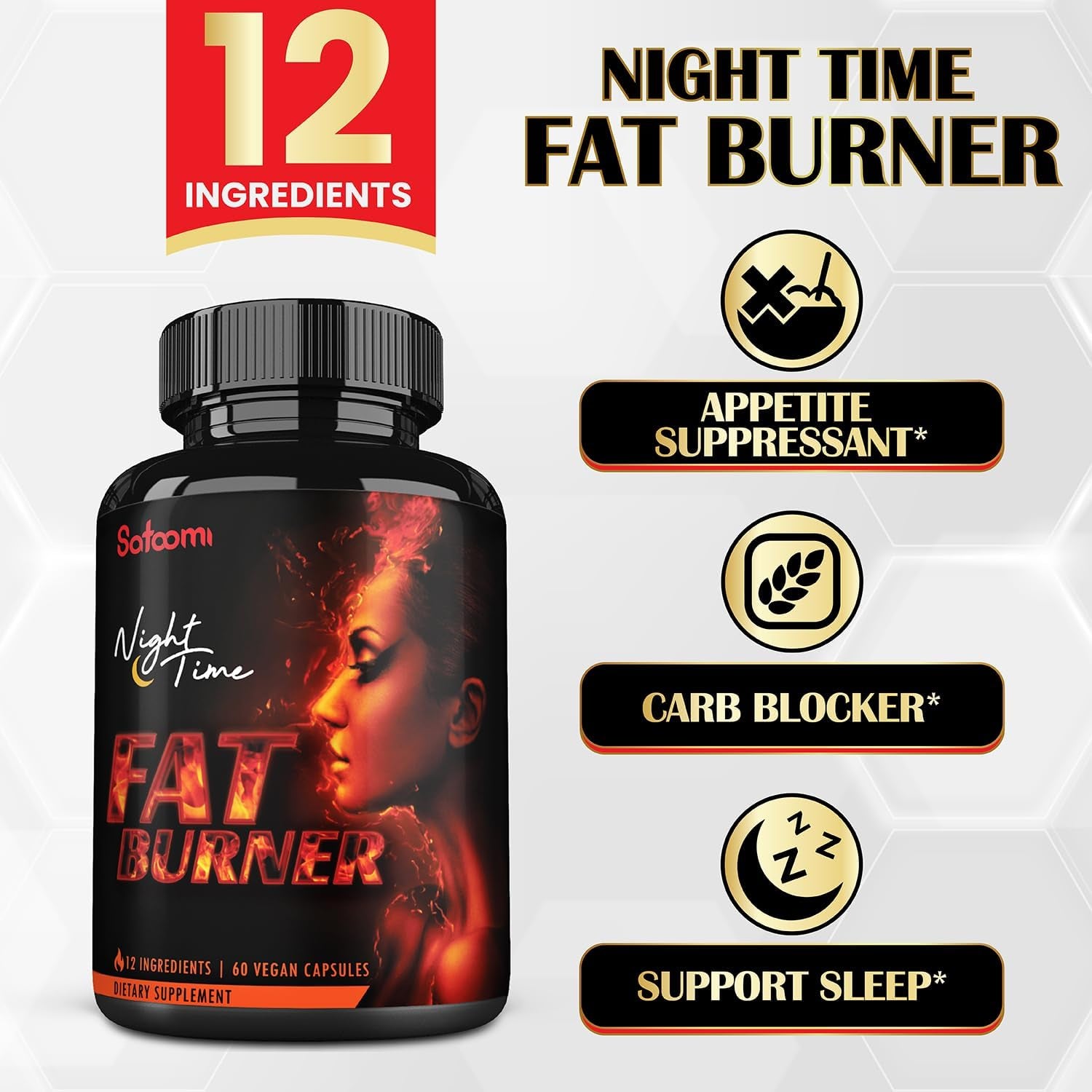 12In1 Night Time Fat Burner for Women - Vitamind.3, Garcinia Cambogia, White Kidney Bean, Ceylon Cinnamon, Gymnema Sylvestre, Lemon Balm - Metabolism & Body Support - 60 Capsules