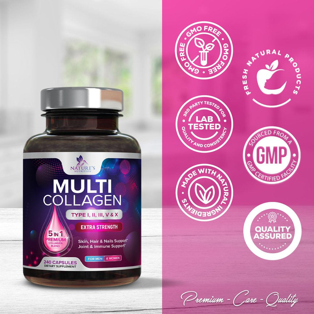 Multi Collagen Complex Pills - Type I, II, III, V, X, Grass Fed & Non-Gmo Hydrolyzed Collagen Peptides Supplement - Supports Hair, Nails, Skin & Joint Health, Gluten-Free, Paleo & Keto - 240 Capsules