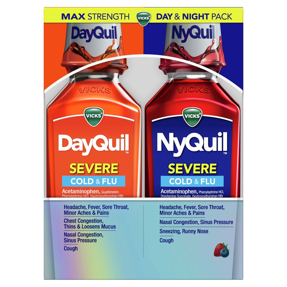 Vicks Dayquil and Nyquil Severe Cold and Flu Liquid Medicine, Over-The-Counter Medicine, 2X12 Oz