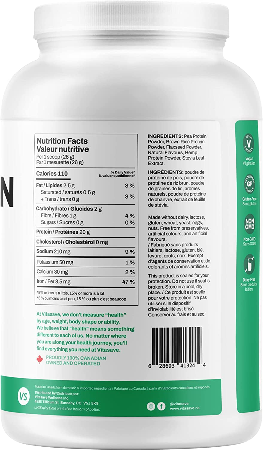 Vitasave Vegan Protein Powder - Natural Vanilla Flavour, 20G Plant Based Protein, 28 Servings, 750G Tub, Soy Free, Gluten Free, Dairy Free and Sugar Free