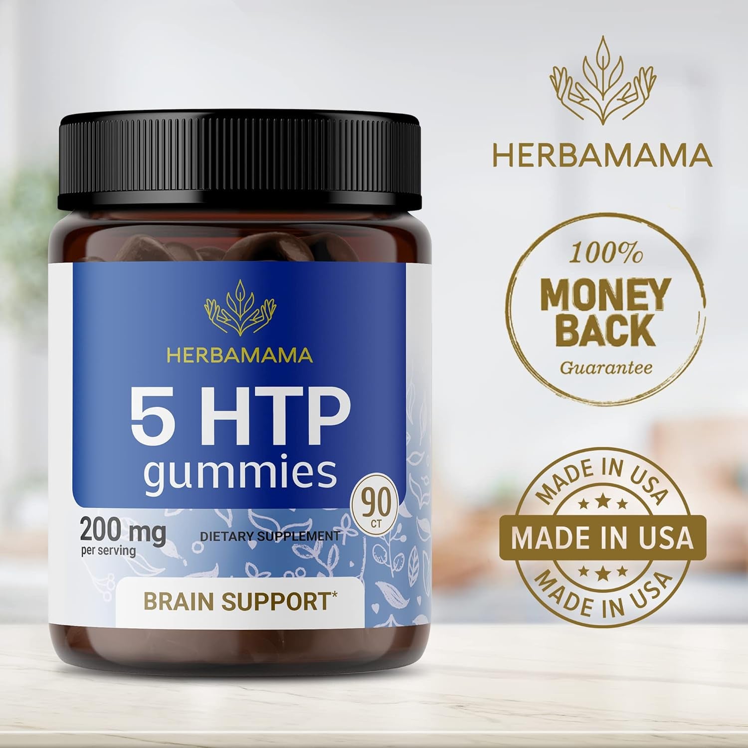 HERBAMAMA 5 HTP Gummies - Calm and Relaxation Support - Melatonin Mood Support and Serotonin Booster - Made with Calcium, 90 Vegan Blueberry Flavor Chews - 5-HTP 200Mg