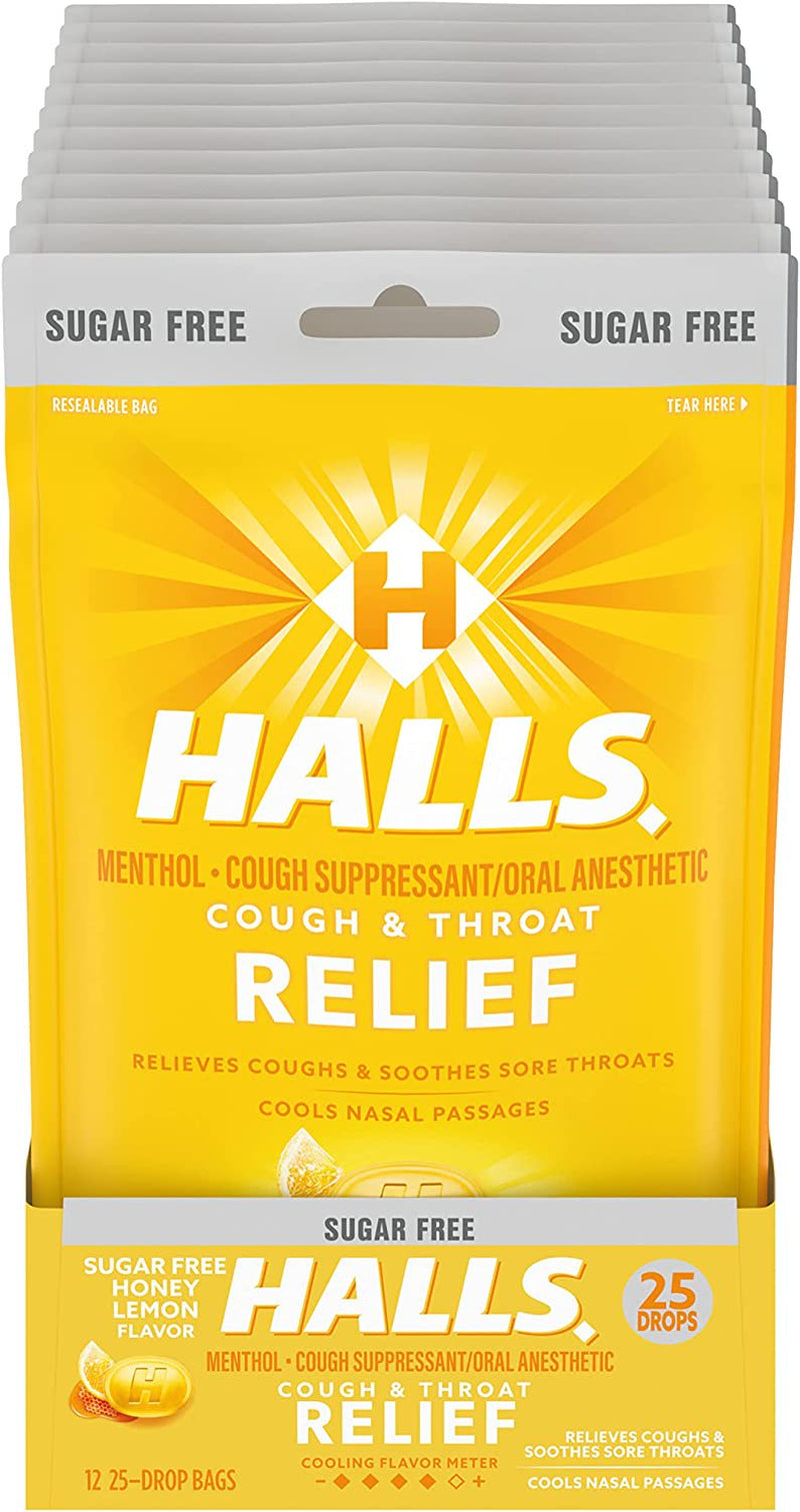 HALLS Relief Honey Lemon Sugar Free Cough Drops, 12 Packs of 25 Drops (300 Total Drops)