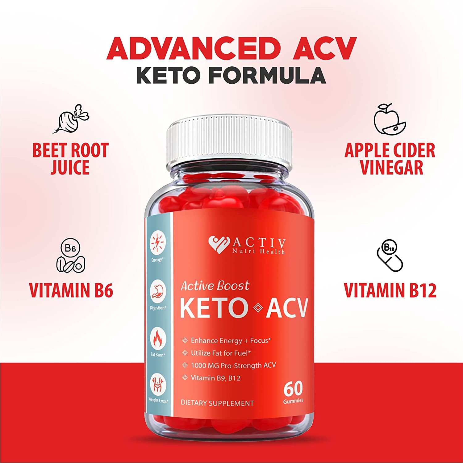 Activ Keto ACV Gummies, Active Boost Keto Gummies, Vegan Formula, 1000Mg, Activ Keto Act Gummies, Activ Boost Keto ACV, Active Boost Keto ACV Gummies with Apple Cider Vinegar, Vitamin B (60 Gummies)