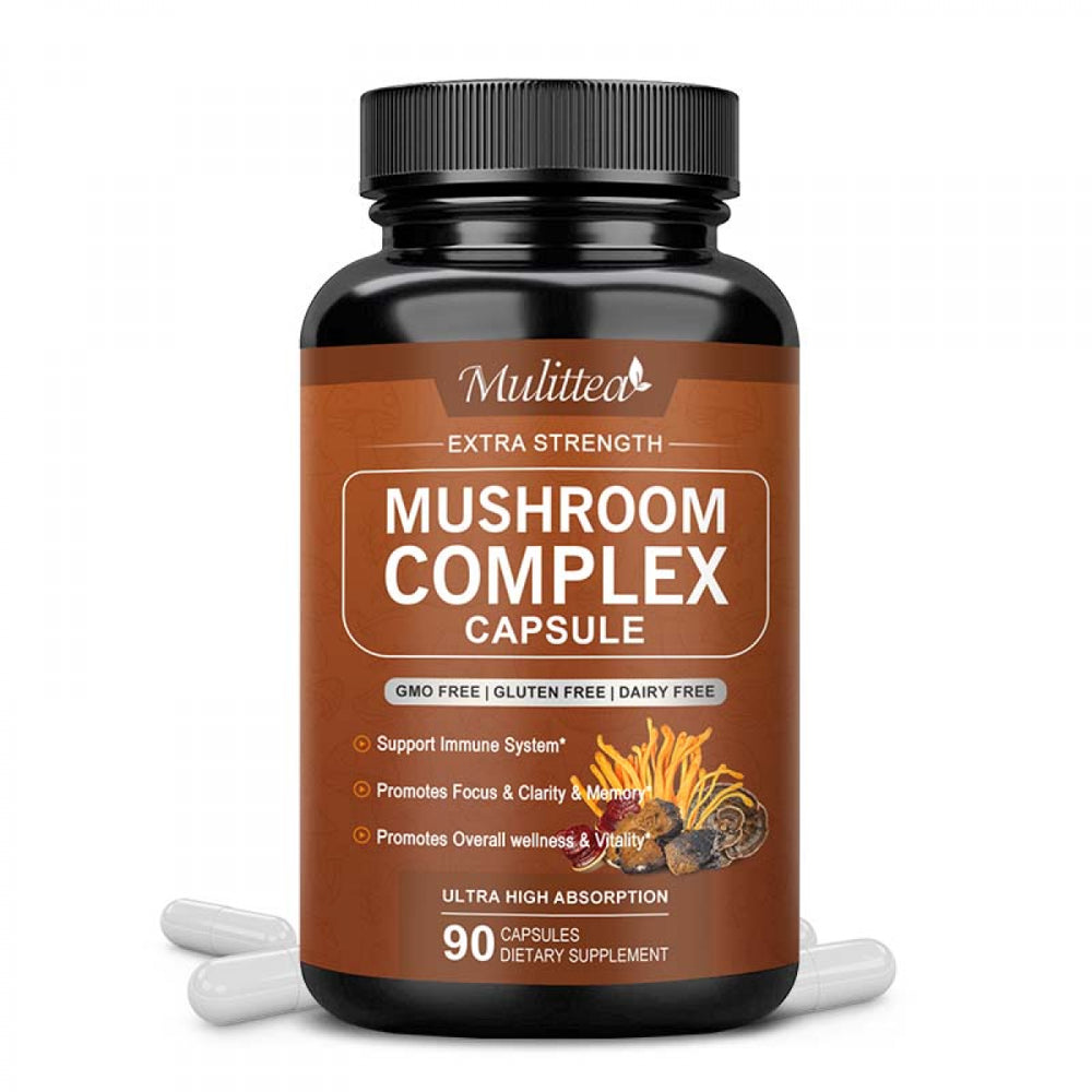 Mulittea Mushroom Complex Tablet(90Pills) - with Lion'S Mane Cordyceps，10 Mushroom Blend - for Immune Booster & Nootropic Brain Supplement