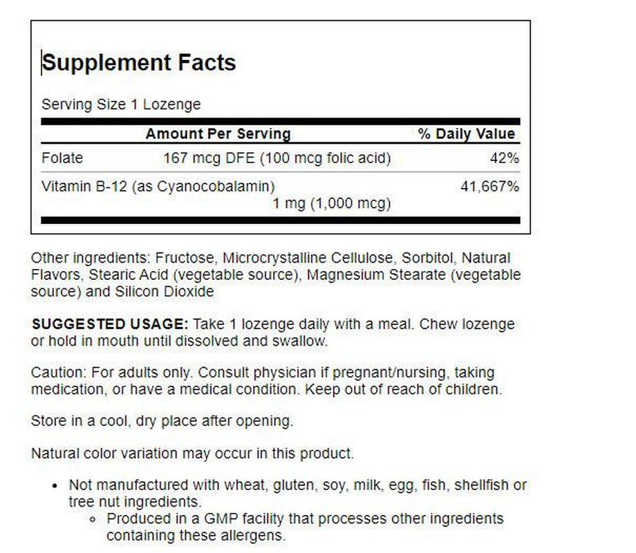 NOW Supplements, Vitamin B-12 1,000 Mcg with Folic Acid, Nervous System Health*, 100 Chewable Lozenges