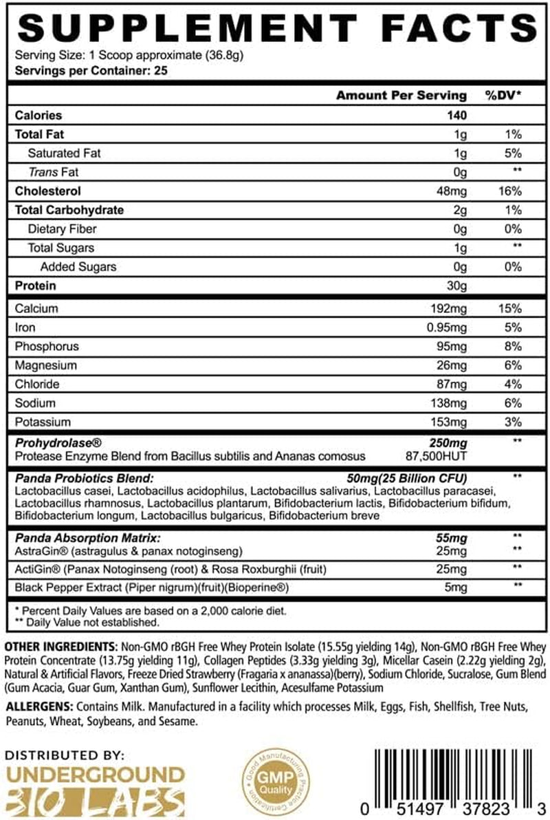 Underground Bio Labs Panda Fuel Premium Protein Non-Gmo Whey,Hydrolyzed Collagen,Casein,Probiotics,Digestive Enzymes, Keto Friendly,Time Release, 25 Servings (Strawberries & Cream)